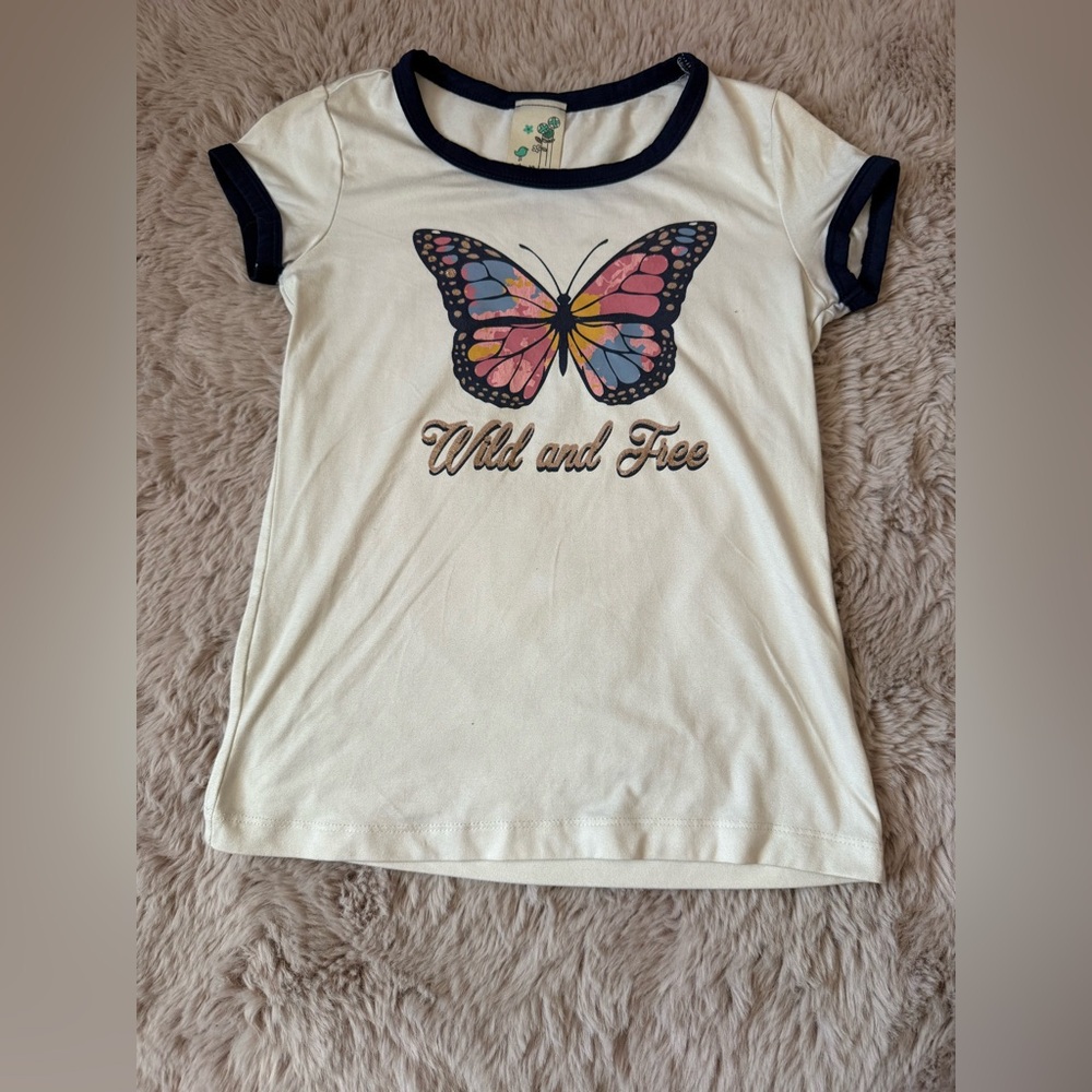 Lily Bleu Cream and Blue Short Sleeve Tee with Butterfly Design